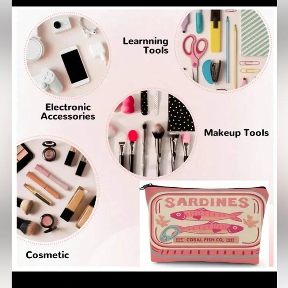 New Pink and Cream Sardines Make Up Carryall Canvas Zip Top Pouch OS - Picture 9 of 15